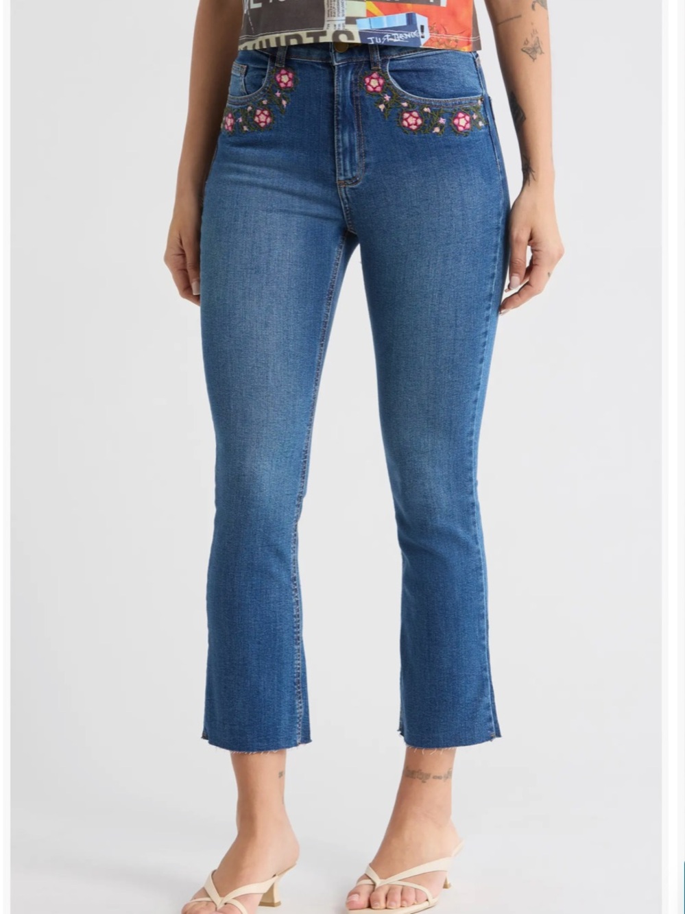 Desigual Embroidered Floral Ankle Flare Jeans, Size US 4, NWT